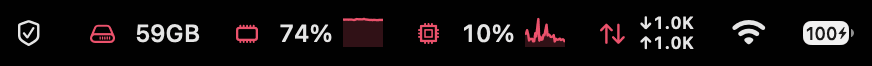 Mectrics showing disk, memory, CPU, network, Wi-Fi, and battery information in the macOS menu bar