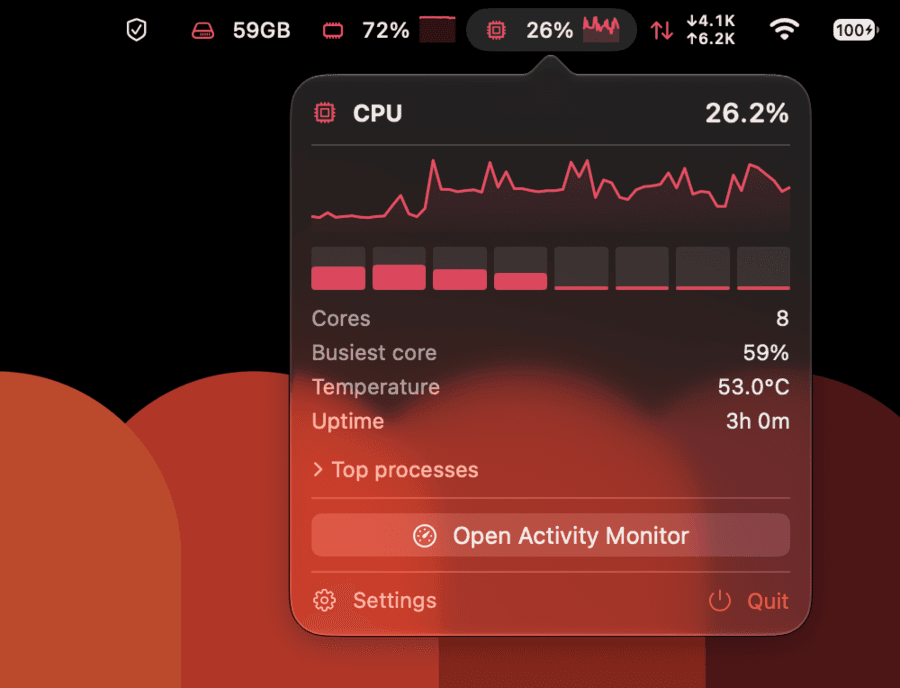 The Mectrics CPU popover: a load sparkline, a bar per core, core count, busiest core, temperature, and uptime