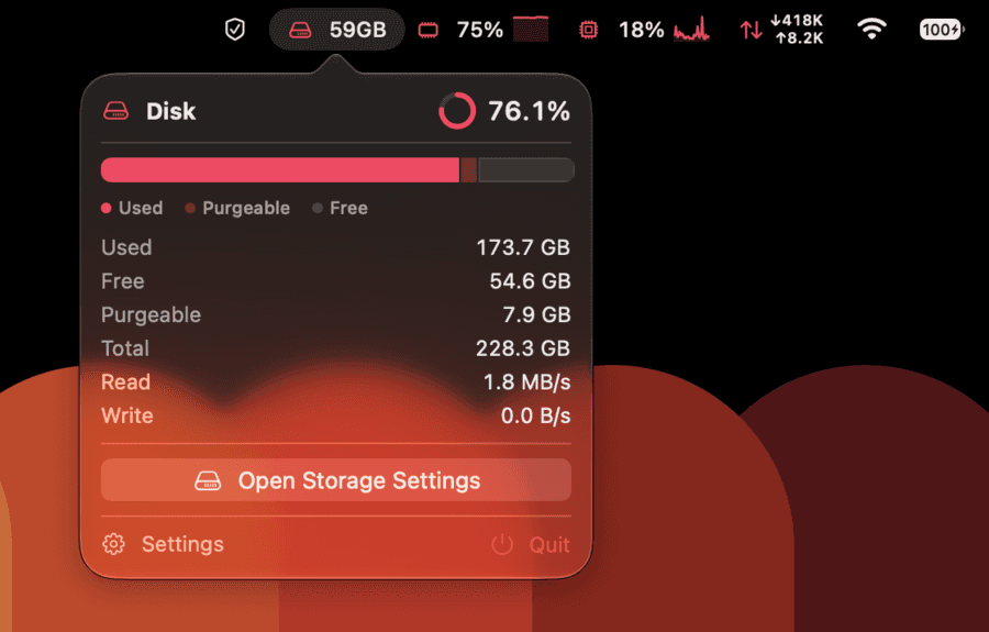 The Mectrics disk popover: a usage ring, a used, purgeable and free bar, capacity figures, and live read and write throughput