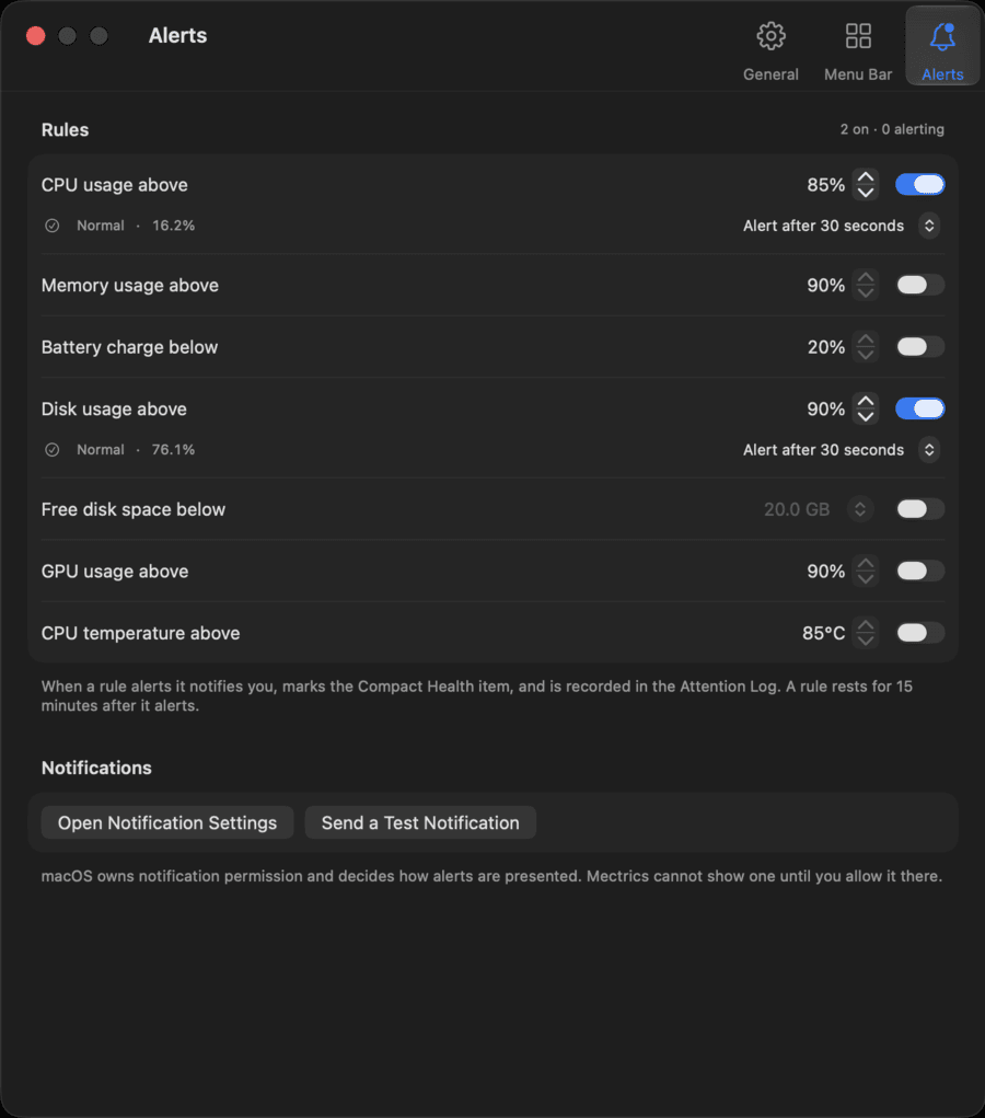 Mectrics alert settings