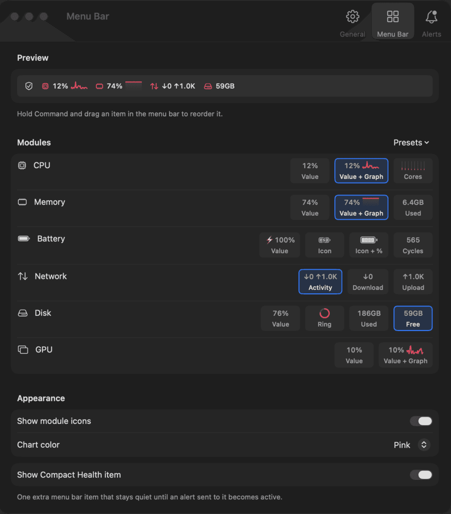 Mectrics menu bar builder
